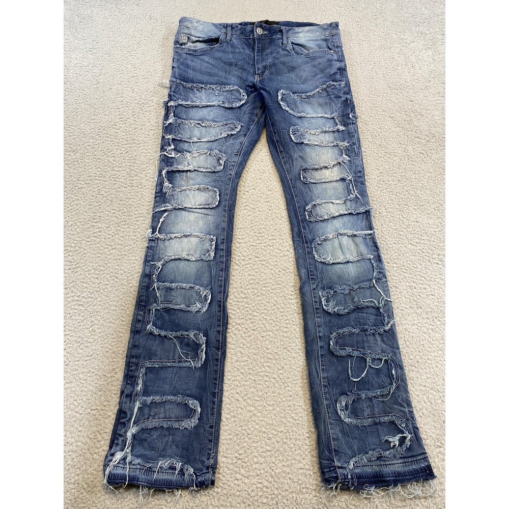 Jordan Craig Martin Stacked Jeans Mens 37x36 Blue Distressed‎ Stretch Skinny